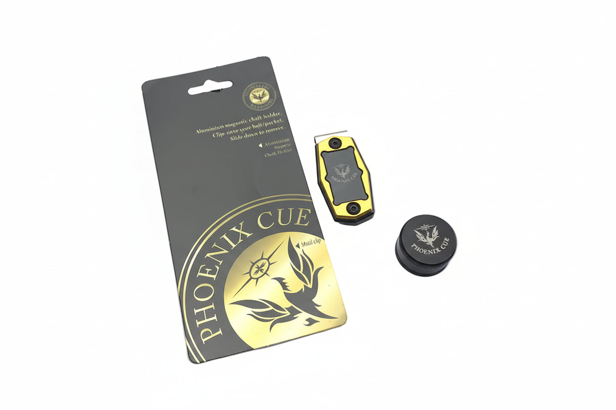 Phoenix Cue magnetic chalk holder packaging with yellow and black device on a white background