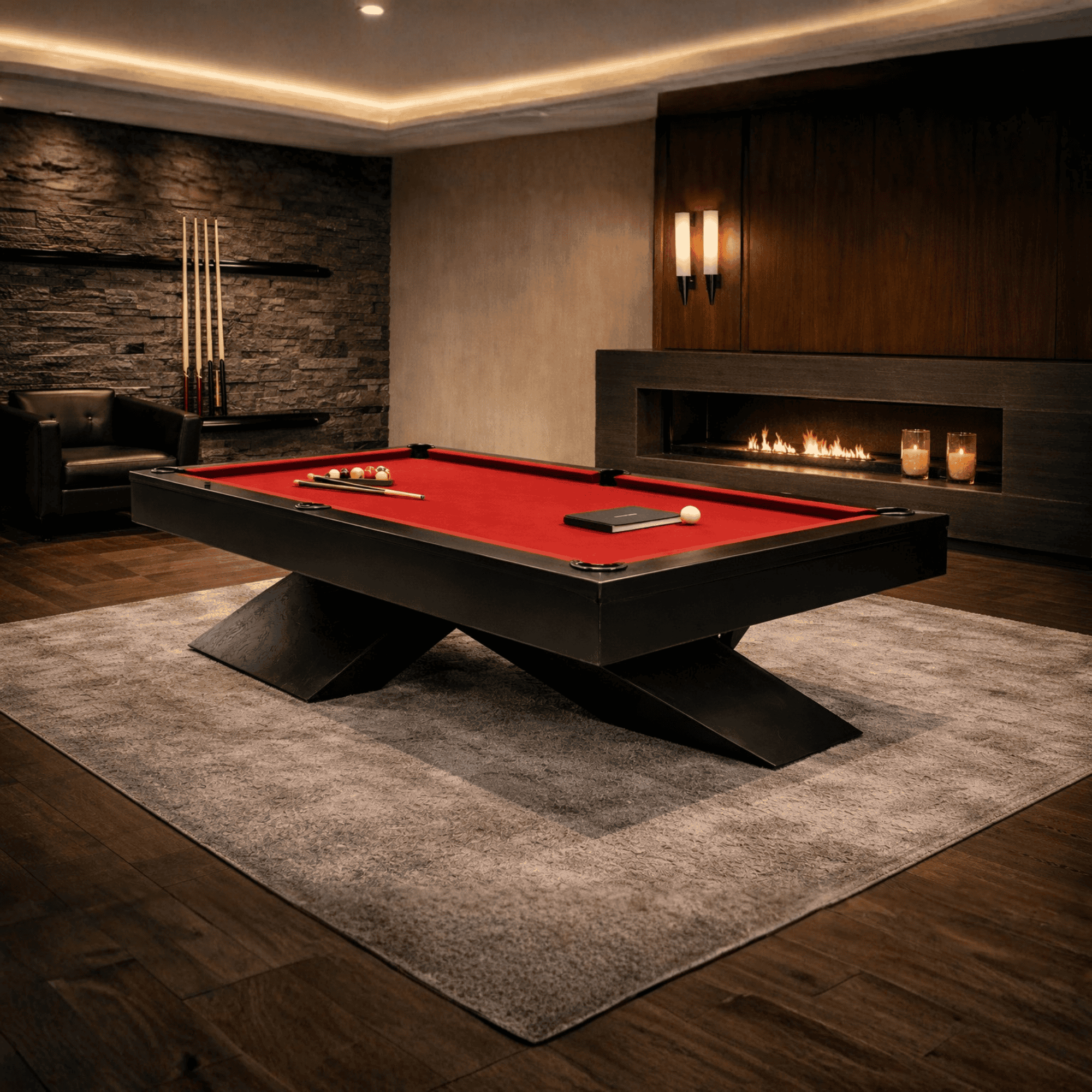 Modern billiard room with a red pool table, fireplace, and decorative elements.