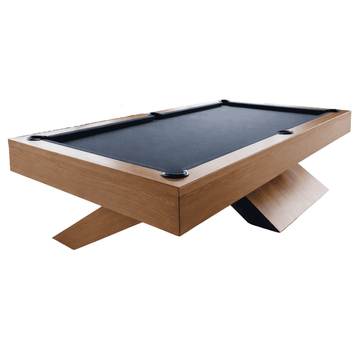 Modern pool table with wooden frame and black felt surface on a white background