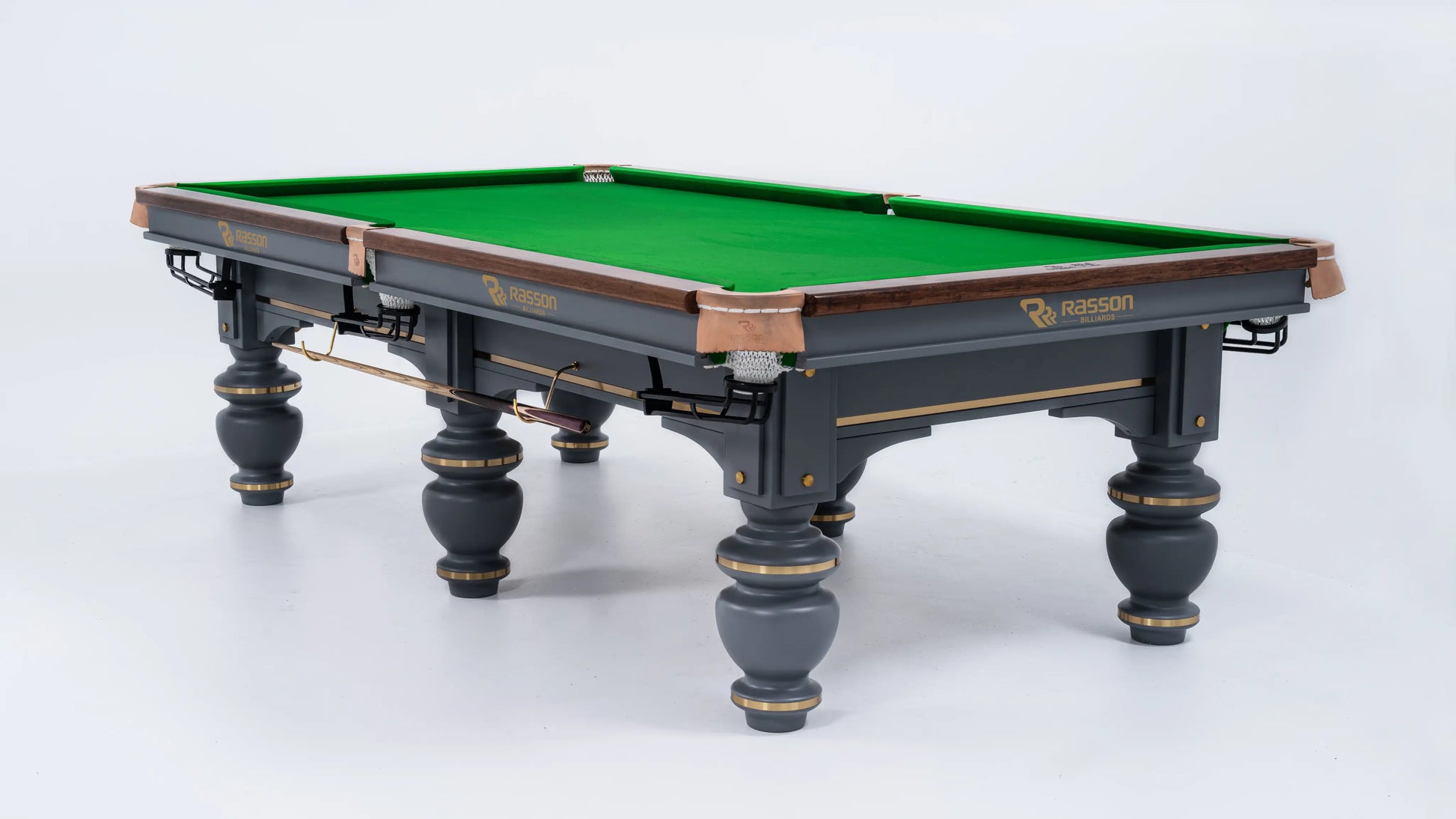 Pool table with green felt surface on a white background