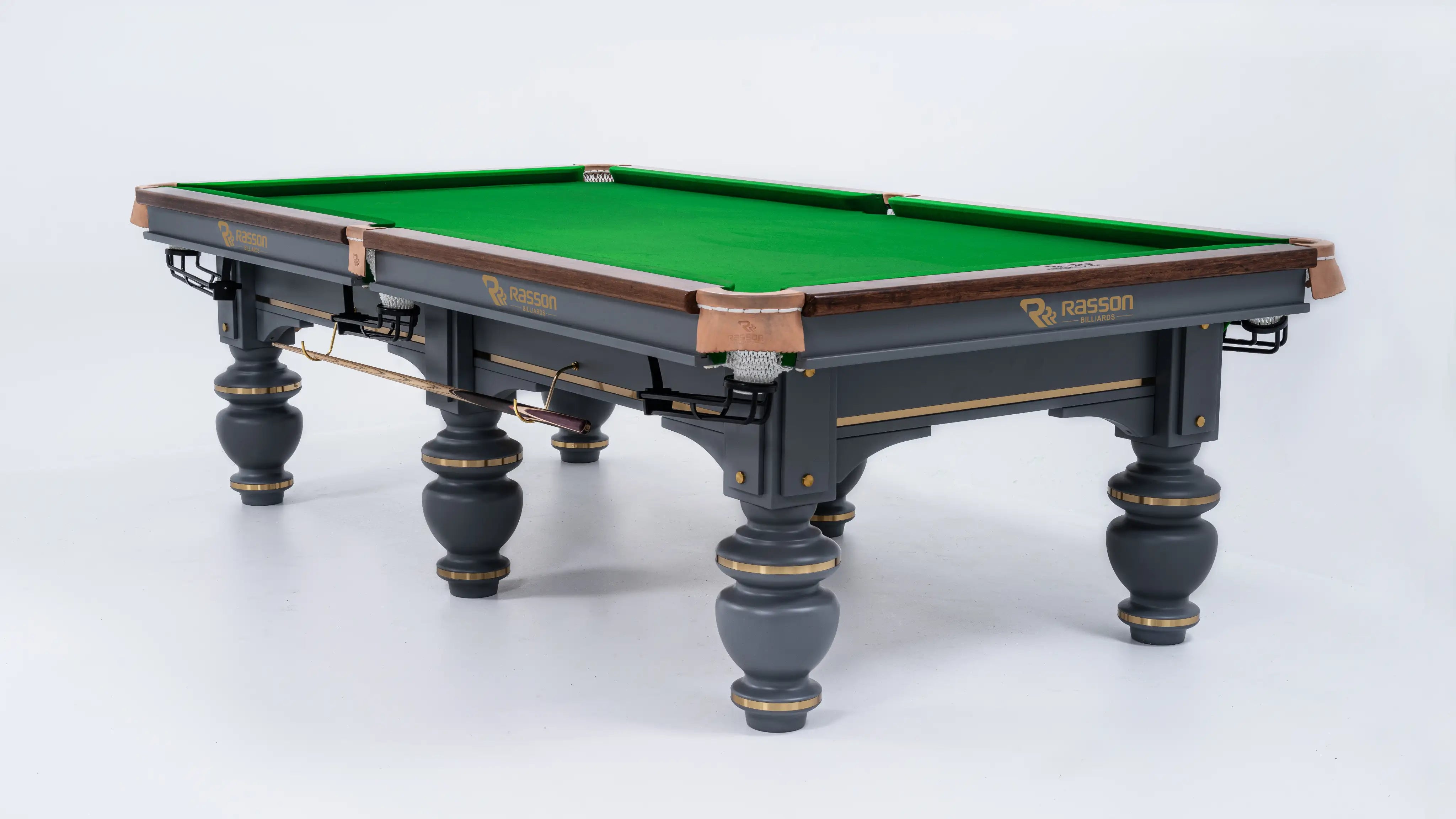 Pool table with green felt surface on a white background