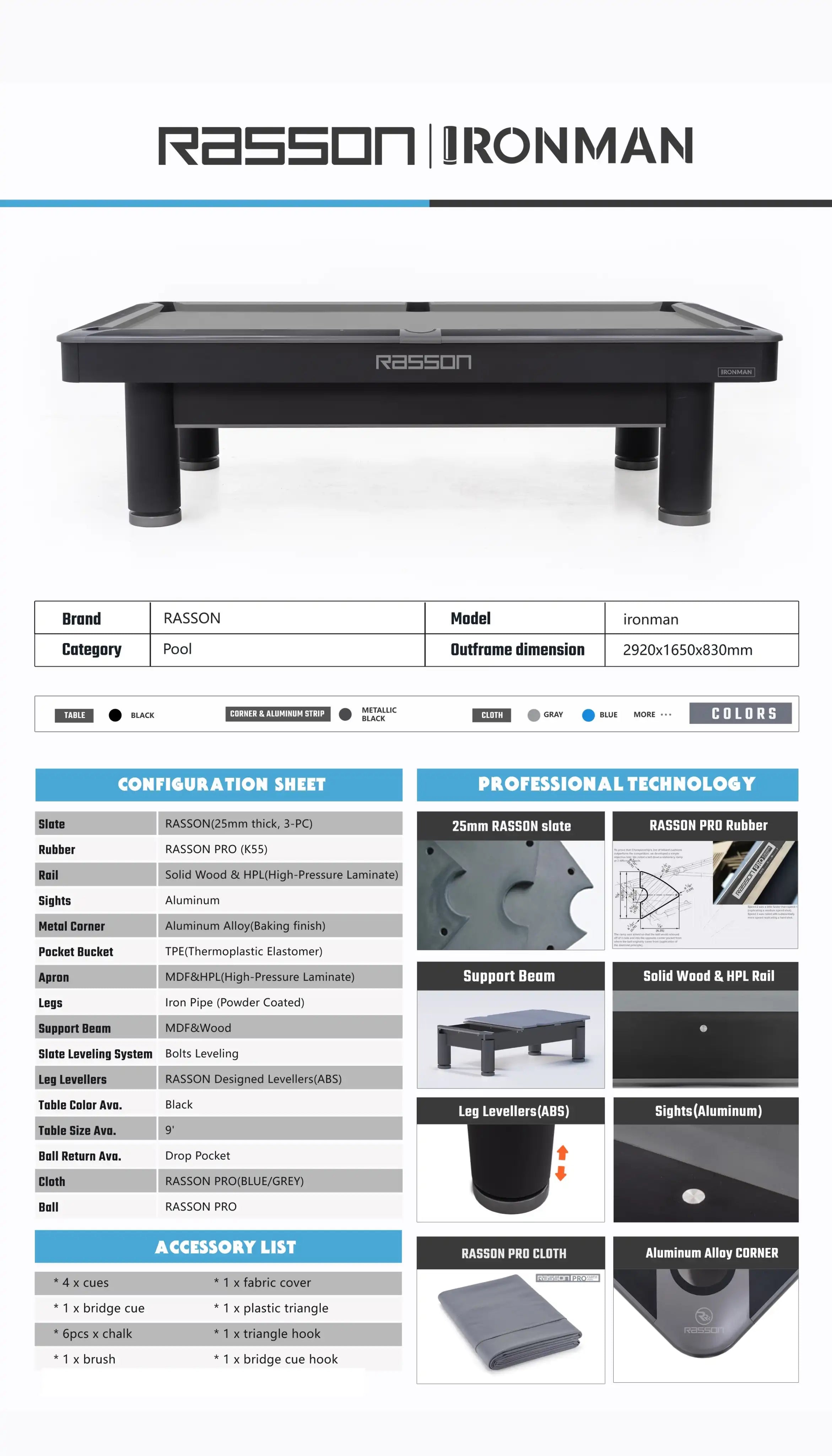 Rasson Ironman American Pool Table 9ft | 1520