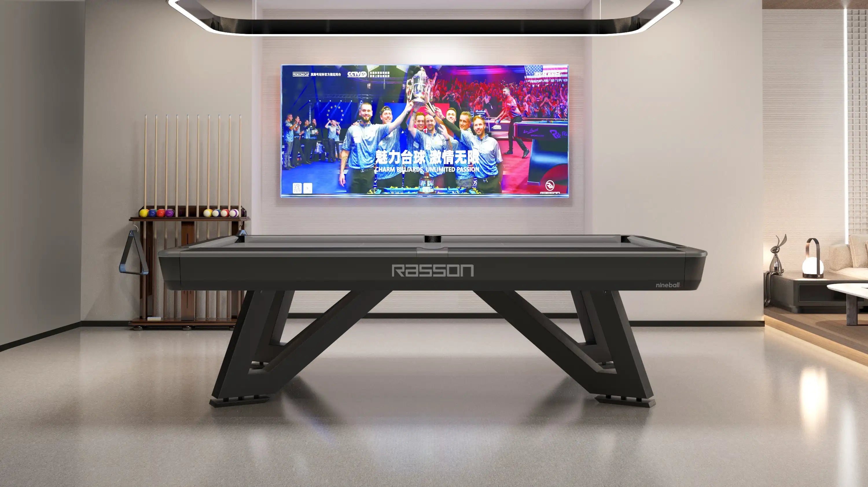 Billiard table with Rasson branding in a modern room with a TV displaying sports content.